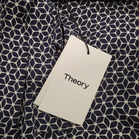 Theory Brilda Geometric Printed Pants Wide Leg Blue White Silk Button Slit 2 New - Picture 6 of 13